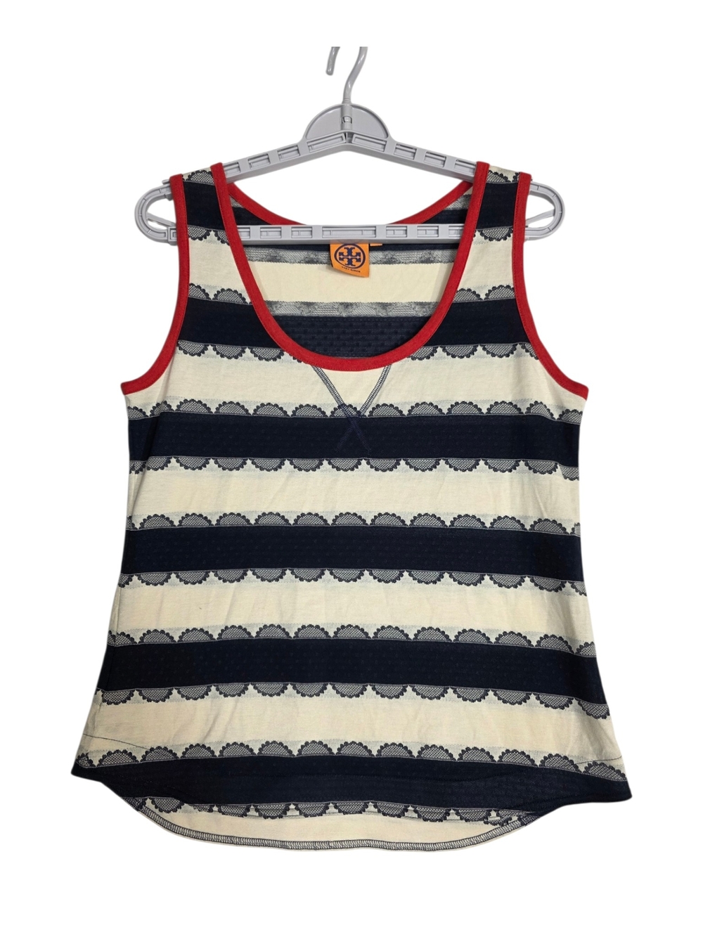Tory Burch Navy & Cream Striped Tank with Red Trim